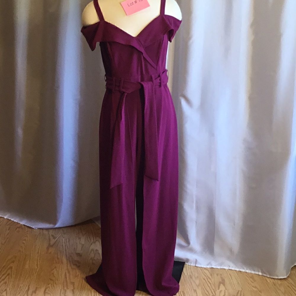 Long jumpsuit with peek a boo shoulders, belted waist, secret shorts